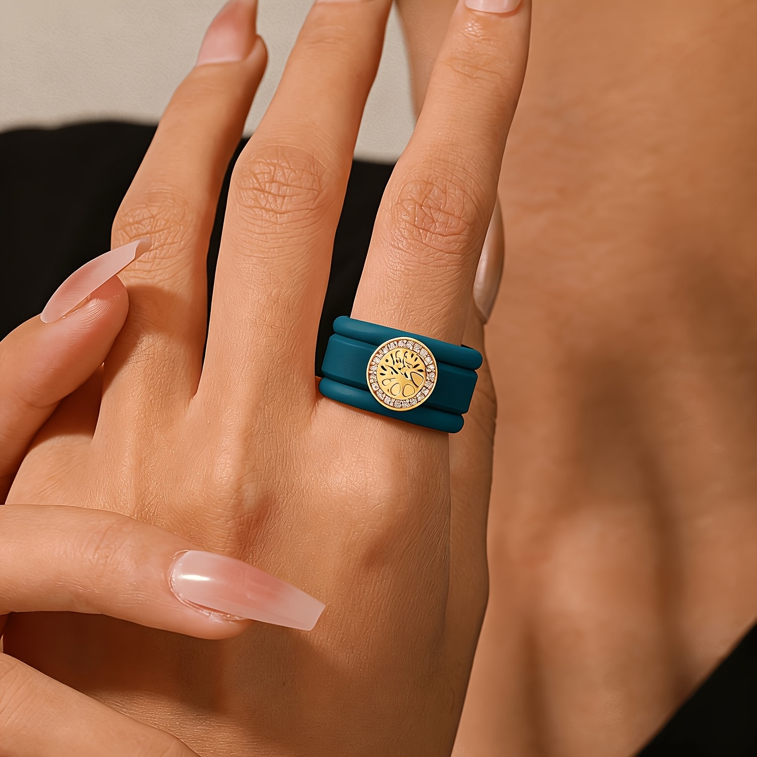 3pcs 14K Gold Plated Blue Silicone Tree Promise Rings